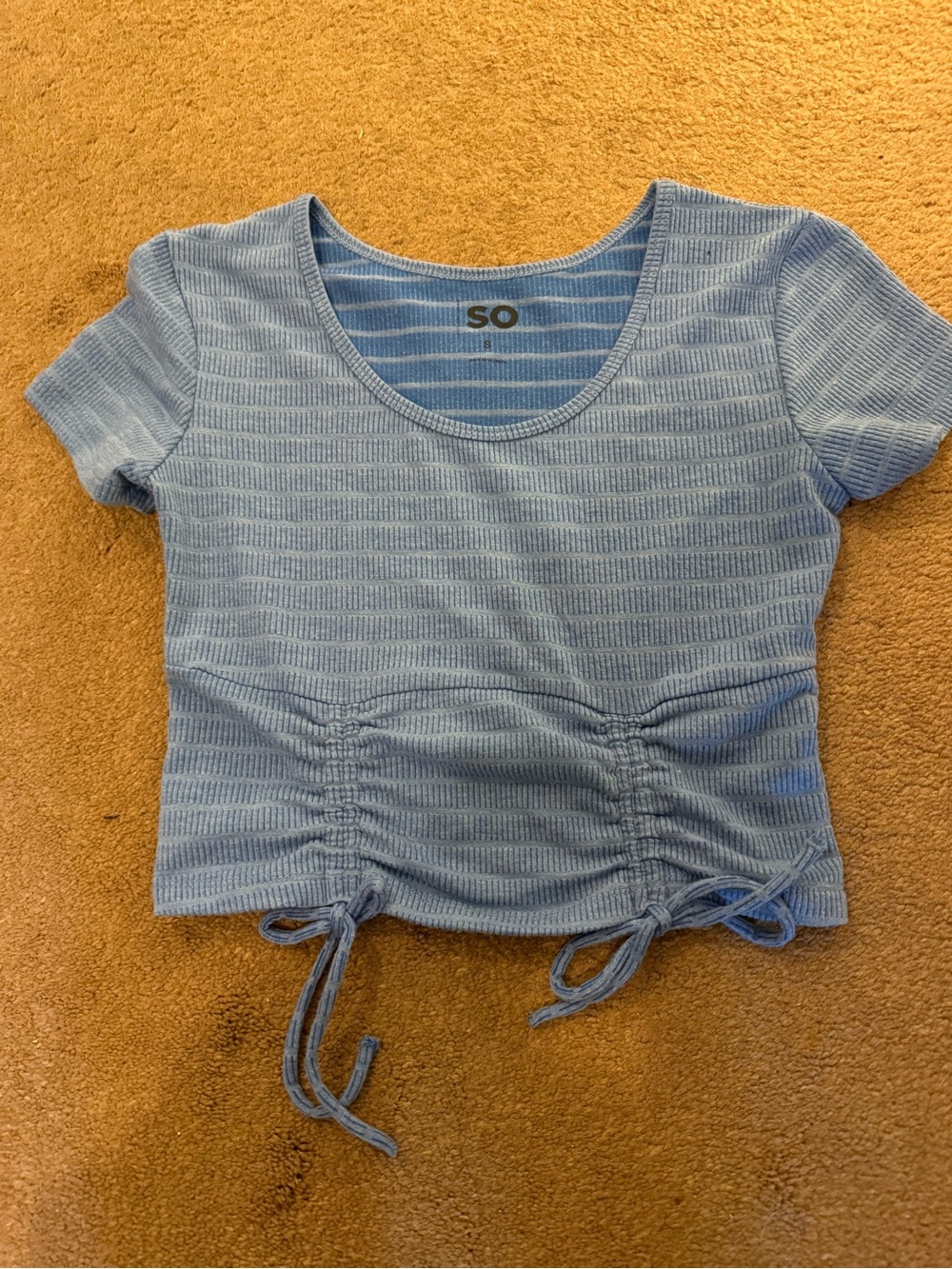 SO Sky Blue Ribbed Drawstring Crop Tee